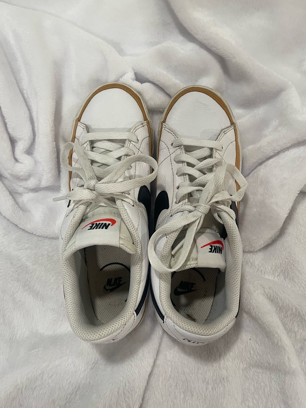 Nike White Sneakers with Tan Outsole and Black Swoosh